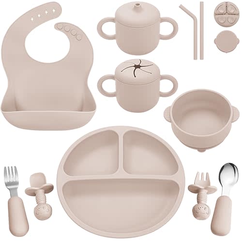 Bufims Silicone Baby Feeding Set, Baby Led Weaning Supplies, Eating Essentials Utensils with Suction Plate and Bowl, Pocket Bib, Sippy Cup with Lid, Forks Spoons Snack Container, for 6+ Months, Beige