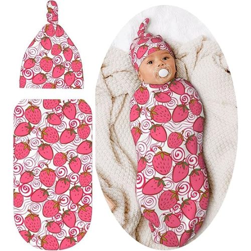 Swaddle Blanket Strawberry Baby Stuff Newborn Baby Swaddling Blanket Sleep Sack with Beanie Hat Sets for Boys Girls Infant And Baby Shower Unisex