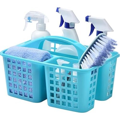 Haundry Plastic Shower Caddy Basket with 3 Compartments, Portable Divided Cleaning Supply Storage Organizer with Handle (Blue)