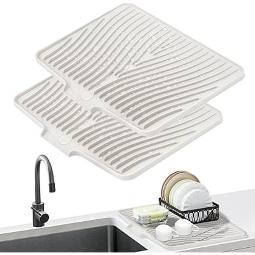 Dish Drying Mat, Stone Drying Mat for Kitchen Counter with Built-in Drain, Non-Slip Drying Matt Kitchen Counter, Heat Resistant Silicone Drying Mat, Dish Drying Pad, 2 Pcs(15.8"X 13", Cream)