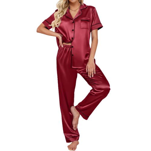 DAKIMOE Silk Satin Pajamas Set for Women Two-Piece Short Sleeve Shirt with Long Pajama Pant Set Soft Button Down Loungewear Nightwear Pjs Sleepwear for Women