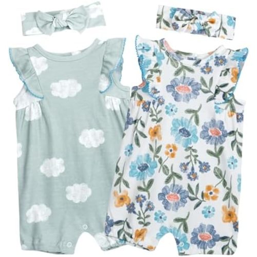 Baby Girls Ruffled Sleeve Rompers Toddler Girls Jumpsuits One-Piece Cotton Outfits