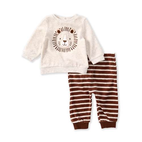 Little Me Baby Boys 3-12 Months Long Sleeve Lion Face Velour Sweatshirt & Striped Jogger Pant Set