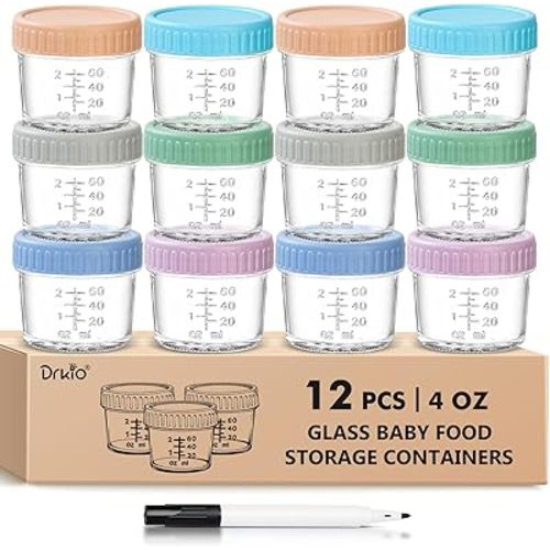 DRKIO 12 Pack Glass Baby Food Storage Containers - 4 Oz Baby Food Jars with Lids Baby Food Maker Microwave Dishwasher Freezer Safe 100% Leak Proof BPA Free Reusable