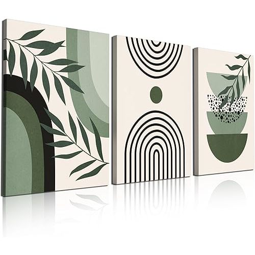 Large Sage Green Wall Posters Prints, 16x24 Inch Large Boho Wall Art Set of 3 Canvas Wood Framed Botanical and Minimalist Pictures, Wall Decor for Living Room, Bedroom, Bathroom, Kitchen, Office