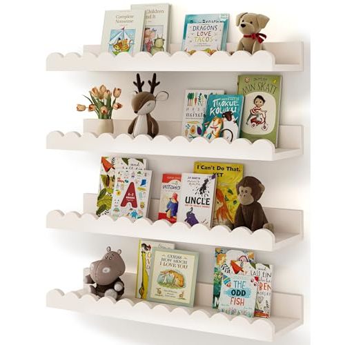 Nursery Book Shelves, 4-Pack White Floating Shelves for Wall Kids, Scalloped Shelves, Wall Book Shelves for Bedroom Kids, Toddler Room, Baby Room, Nursery Decor