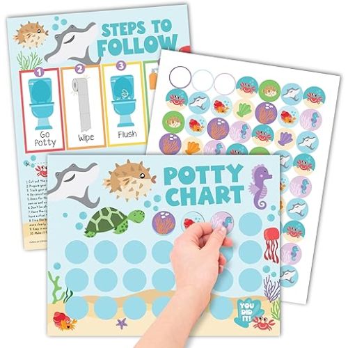 Hadley Designs Potty Training Chart for Boys with Fun Reward Stickers – 10 Potty Chart for Toddlers Girls, 8.5x11" Potty Training Sticker Chart for Toilet Success, Ocean Reward Chart for Kids