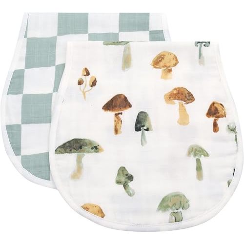 LifeTree Muslin Baby Burp Cloths - 2 Pack 70% Viscose from Bamboo and 30% Cotton Large 22'' by 10'' Absorbent Milk Spit Up Rags - Burping Cloths for Newborn, Girls Boys, Mushroom and Green Checkered