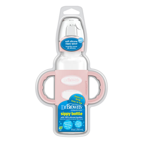 Dr. Brown's Transition Baby Sippy Bottle, 100% Silicone Handles, Soft Spout, 8oz, 6m+, BPA Free, Light Pink, 1 Pack