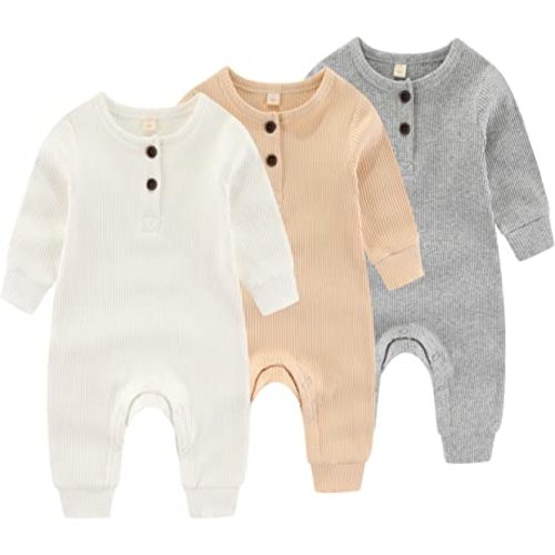 Newborn Baby Boys Girls One Piece Romper With Mitten Cuffs 3 Pack Long Sleeve Ribbed Button Jumpsuit Outfit Clothes