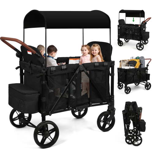 Vomeast Wagon Stroller for 4 Kids, 3-in-1 Outdoor baby stroller with Canopy, 5-Point Harness, Adjustable Handlebars, Removable Seat for Toddlers, Black