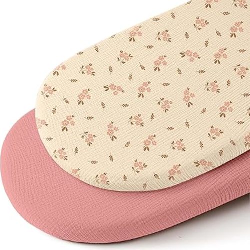 Mi Flor Muslin Bassinet Sheets – 2 Pack Cotton Bassinet Sheets for Boys & Girls,100% Cotton Crinkle Muslin, Fitted Bassinet Sheet for Oval, Rectangle & Hourglass – 16x32x4 Bassinet Mattress Sheets