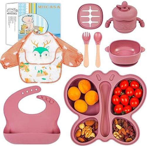 Silicone Baby Feeding Set, Baby Led Weaning Supplies, Silicone Suction Butterfly Plate, Bowl, Spoons, Fork and Waterproof Bib & Cloth Bib, Eating Utensils Baby Feeding Essentials (Pink)