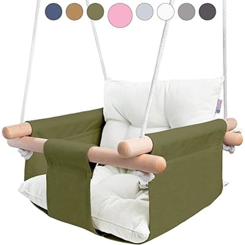 CaTeam Canvas Baby Swing Seat with 5-Point Safety Belt — Wooden Hanging Toddler Swing, Indoor & Outdoor, Ages 1-4, Ceiling Mount Hardware Included, Green