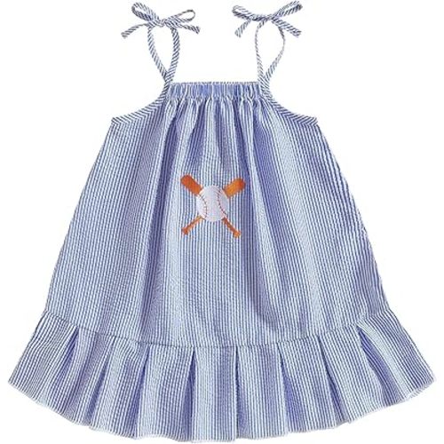 Baby Girls Sports Dress Toddler Seersucker Dress Sleeveless Baseball/Golf Embroidery Sundress Casual Summer Outfit
