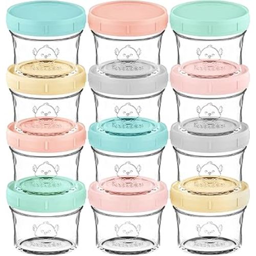 KeaBabies 12pk 4oz Glass Baby Food Containers with Lids - Leak-Proof, Microwavable Small Glass Jars, Baby Purees & Toddler Snack Storage Containers, BPA-Free, Dishwasher & Freezer Safe (Pastels)