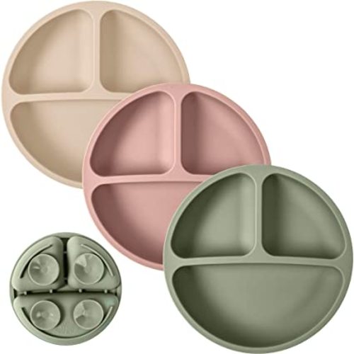 WeeSprout Suction Plates for Babies & Toddlers | 100% Silicone | Plates Stay Put with Suction Feature | Divided Design | Microwave & Dishwasher Safe | 3 Pack - Matte Green, Pink & Off White - Without Lids