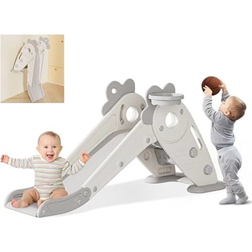 Toddler Slide, 3 in 1 Indoor Foldable Kids Slide for Toddlers Age 1-3, Carrot Theme Freestanding Slide, Baby Play Slide, Indoor and Outdoor Playground, Baby Climber Playset with Basketball Hoop