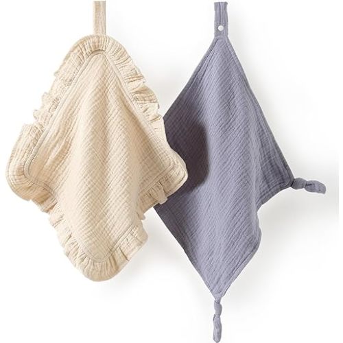 Loveys for Babies, 2 Pack Organic Cotton Muslin with Attachable Snap Closure - Loveys for Babies Newborn Baby Lovey Security Blankets for Babies Baby Blanket (Khaki)