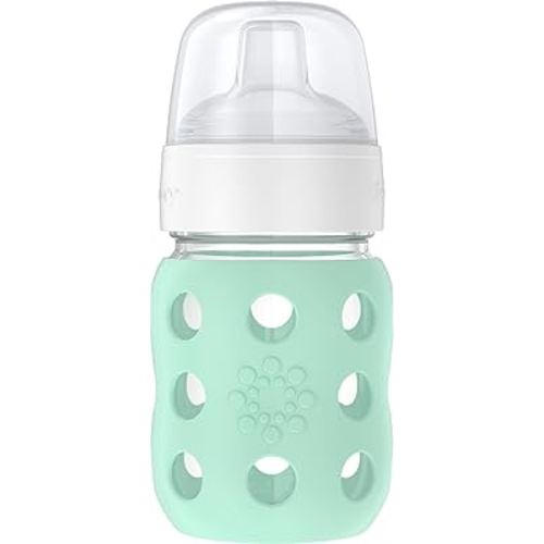 Lifefactory 8-Ounce Wide Neck Glass Baby Bottle with Protective Silicone Sleeve and Sippy Spout, Mint (LG2251WMI4)