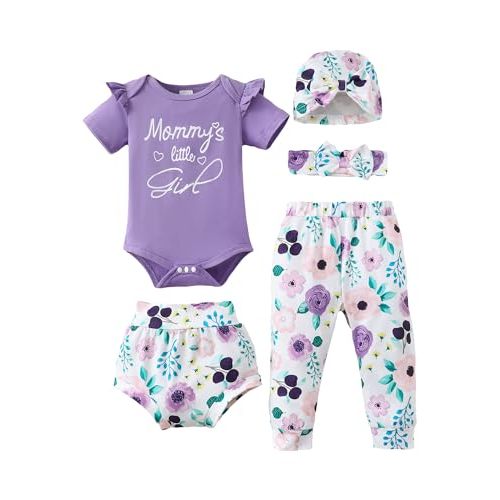 SUNNY PIGGY Baby Girl Clothes Infant Newborn Girls Outfits Romper with Headband Hat Pants Shorts Set 5Pcs
