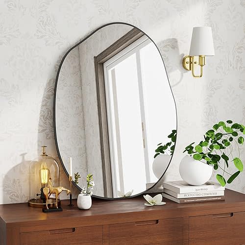 BEAUTYPEAK Asymmetrical Mirror, 24 x 32 Inches Irregular Wall Mirror, Wood Frame Unique Shape Wall Mounte, Decorative for Living Room Bedroom Entryway Hallway