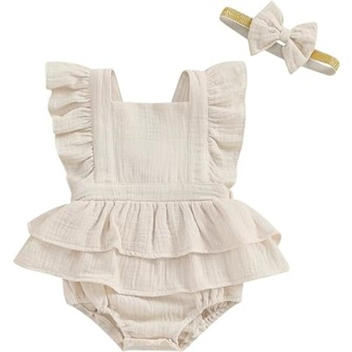 MERSARIPHY Newborn Baby Girl Summer Outfit Linen Ruffle Bubble Romper Dress One Piece Bodysuit Jumpsuit Infant Summer Clothes
