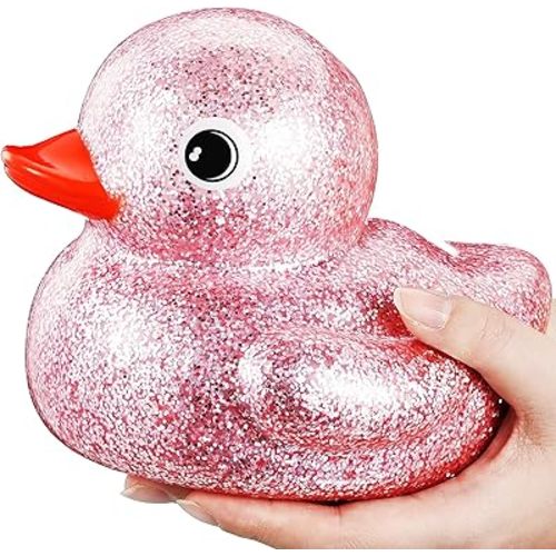 Honoson 6.89 Inch Giant Glitter Rubber Duck Big Glitter Rubber Duck Large Sparkly Duckling Bath Toy with Squeaky Sound for Summer Baby Shower Birthday Party Favor Gift(Pink)