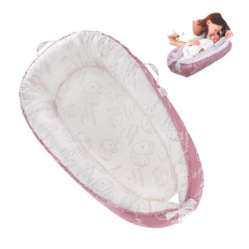 Baby Lounger for Newborn Cotton,Baby Nest Cosleeping for Baby in Bed with Handles,Newborn Lounger Adjustable Size & Inner Zipper Lengthen Space to 24 Months(Elephant Pink)