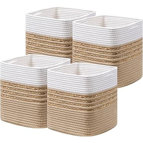 UBBCARE Set of 4 Storage Cubes 11 X 11 X 11 in, Water Hyacinth Storage Bins for shelves, Toys, Book, Storage Baskets with Handles, Cotton Rope Woven Baskets for Organizing, Brown
