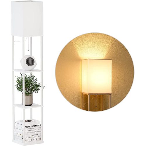 SUNMORY Shelf Floor Lamp with 3-Way Dimmable LED Bulb, Modern Square Standing Lamp with Shelves and White Shade, Corner Display Bookshelf Lamp for Living Room and Bedroom(White)