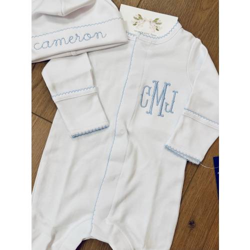 Custom Monogrammed 100% Pima Cotton Newborn Converter Gown Romper or Footie with Hat and Blanket Coming Home Outfit High Quality
