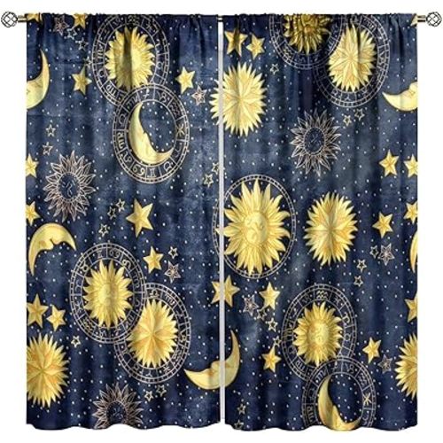 Sun Moon Curtain for Bedroom,Boho Gold Sun Moon Star Star Celestial Body Print Window Drapes 2 Panel Sets,42x45 Inch Decor