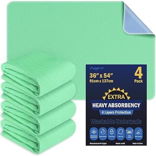 4 Pack 36” x 54” Extra Heavy Absorbency Washable Underpads, Waterproof Nursing Pads Incontinence Bed Pads, Reusable Washable Pee Pads for Dogs, Diaper Changing & Adults, Mattress Protector