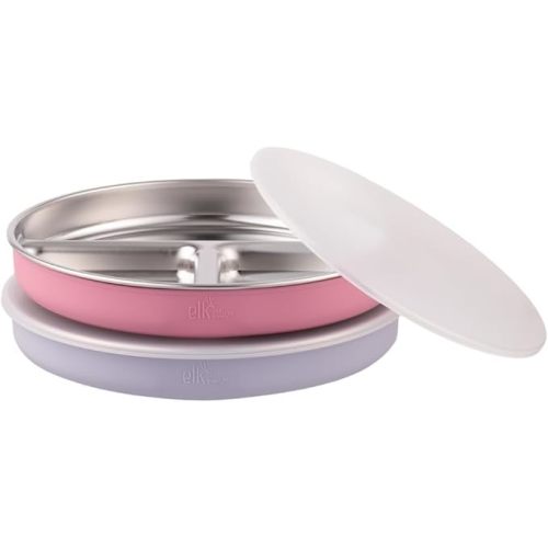 Elk and Friends Stainless Steel Divided Plates with Silicone Sleeve for Babies & Toddlers | Lids Included | Stay Put Suction | Dinner & Snack Plates | 4 Pack