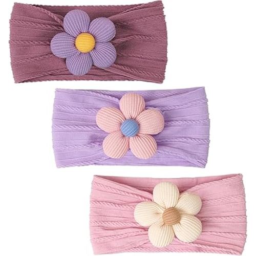 CÉLLOT Baby Flower Headbands Baby Girls Nylon Headbands Soft Elastic Hairbands Hair Accessories for Newborn Infant Toddler Kids (Violet,Cameo,Pink)