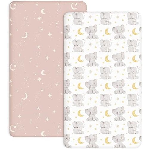 Pack and Play Sheets 2 Pack, Fitted Jersey Knit Mini Crib Sheets for Baby Boys and Girls, Compatible with Graco Pack N Play and Mini Crib Mattress (Elephant Dream, Pack N Play/Mini Crib Sheets)