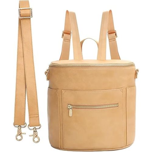 miss fong Small Diaper Bag Mini Diaper Bag, Leather Diaper Bag Backpack Mini Backpack with 14 Pockets Insulated Pockets & Shoulder Strap(Peanut)