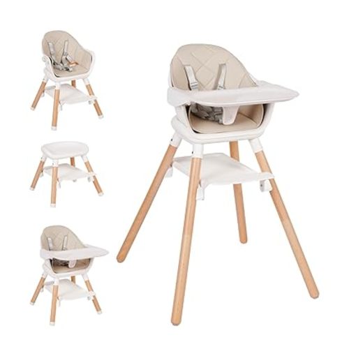 High Chair, 6 in 1 Wooden Convertible High Chairs for Babies and Toddlers, Booster Seat with Double Tray & Reversible Footrest Baby Highchair, 5-Point Harness Baby Feeding Chair, Beige