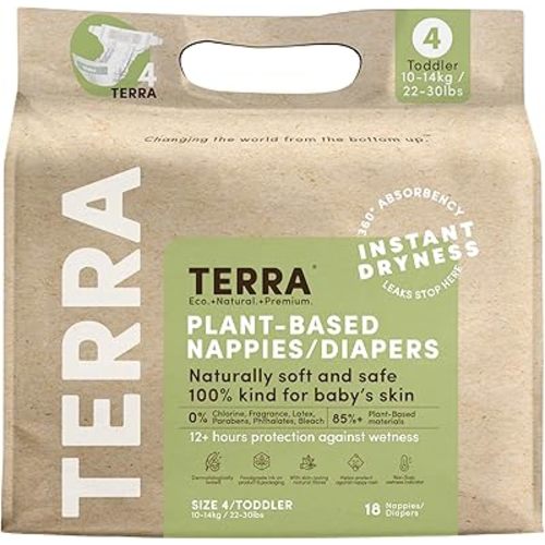 Terra Size 4 Diapers: 85% Plant-Based Diapers, Ultra-Soft & Chemical-Free for Sensitive Skin, 22-30 Pounds, 18 Count (Pack of 8)