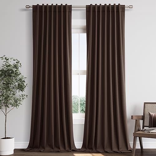 Joywell Linen Coffee Full Blackout Curtains 108 Inch Long 2 Panels Set for Bedroom Living Room,Back Tab Rod Pocket Room Darkening Thermal Insulated Black Out Window Drapes,52x108 Inches