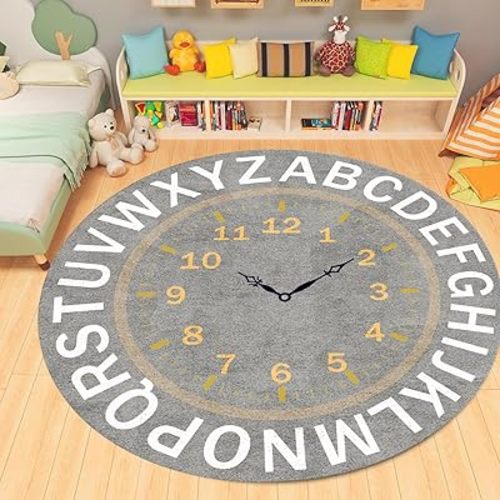 ABC Round Kids Rug,4ft, Daycare Essentials Toddler Rug Soft, Non-Slip, and Durable Kids Round Rug,Kids Rugs Classroom ABC Mat, for Classroom, Nursery, and Playtime - Gray Alphabet Rug。