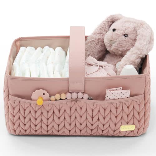 LUKJOJO Luxurious Baby Diaper Caddy, Nursery Storage Basket for Newborn Boy and Girl, Travel Baby Basket for Diapers Baby Wipes, Organizer Tote Bag Storage Bin, Baby Shower Gifts (dusty rose)