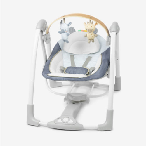 Ingenuity Swing n Go Portable Swing, Removable Sustainably Sourced Wood Toy Bar, 5-Speed, for Ages 0-9 Months, Up to 20 Pounds - Chambray
