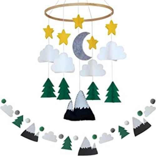Baby Crib Mobile (Starry Woodland Night w/Garland, Evergreen) - Nursery Decoration Crib Mobile and Baby Shower Gift for Boys & Girls