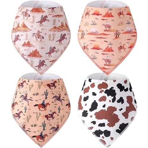 4 Pcs Western Cowboy Baby Bandana Bibs Newborn Infant Feeding Drool Bibs Wild West Cotton Bib for Drooling and Teething Nursery Burp Cloths for Girls Boys