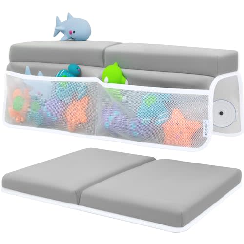 Toodly Baby Bath Kneeler and Elbow Rest Pad Set - Baby Bath Support for Knees and Elbows - Bath Kneeler Pad with Memory Foam and Bath Toys Organizer - Ideal Bath Kneeling Pad for Bathing Baby - Grey