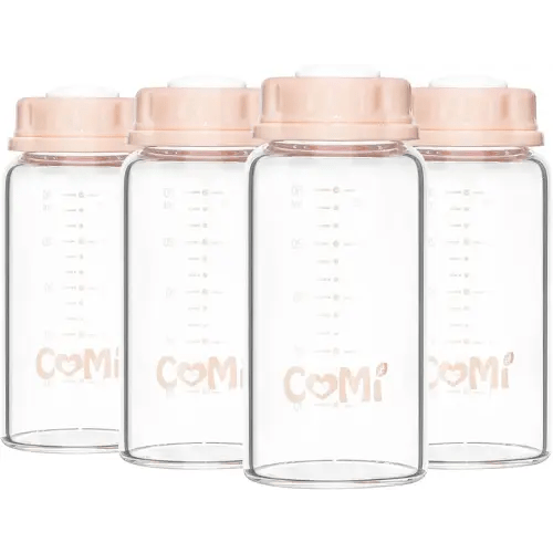 COMI Natural Glass Baby Bottle,Standard Neck Breastmilk Storage Bottle for Fridge,Breast Milk Container,Breast Pump Bottle Compatible with Medela Breast Pump,BPA Free,4PCS(5oz,4 Pink Lids)