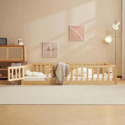 Ktaxon Montessori Full Floor Bed with Safety Guardrails, Wood Bed Frame, Nature