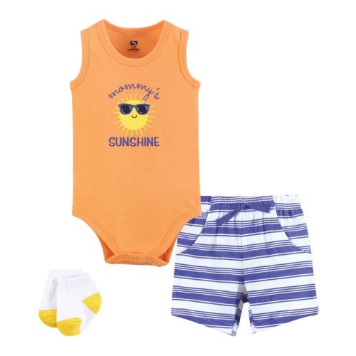 Hudson Baby Infant Boys Bodysuit, Short and Sock, Orange Sunshine
